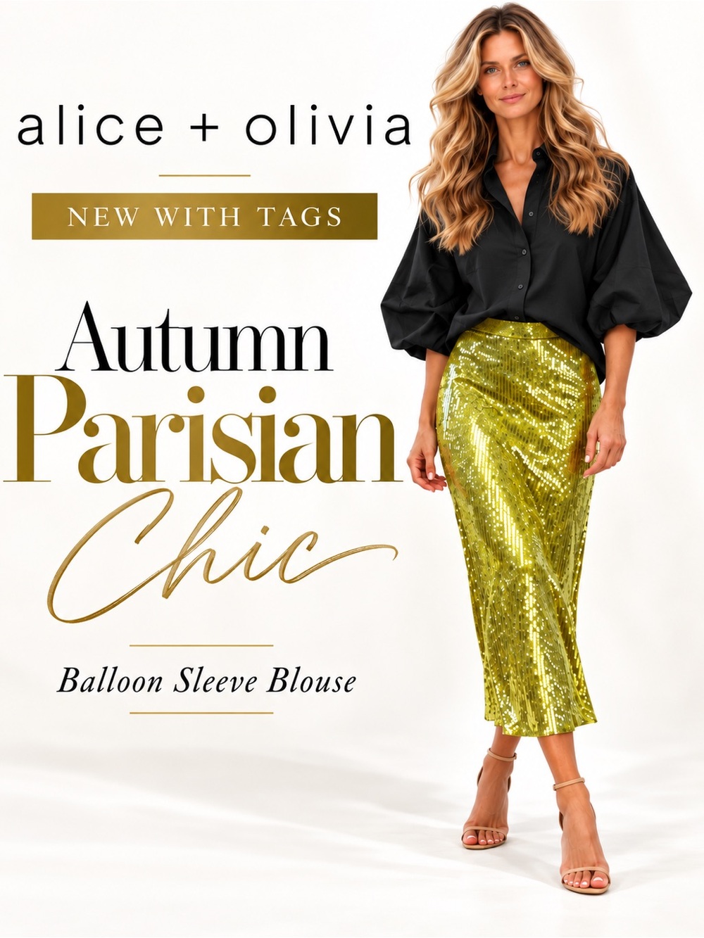 Alice + Olivia black balloon sleeve blouse, new with tags size small